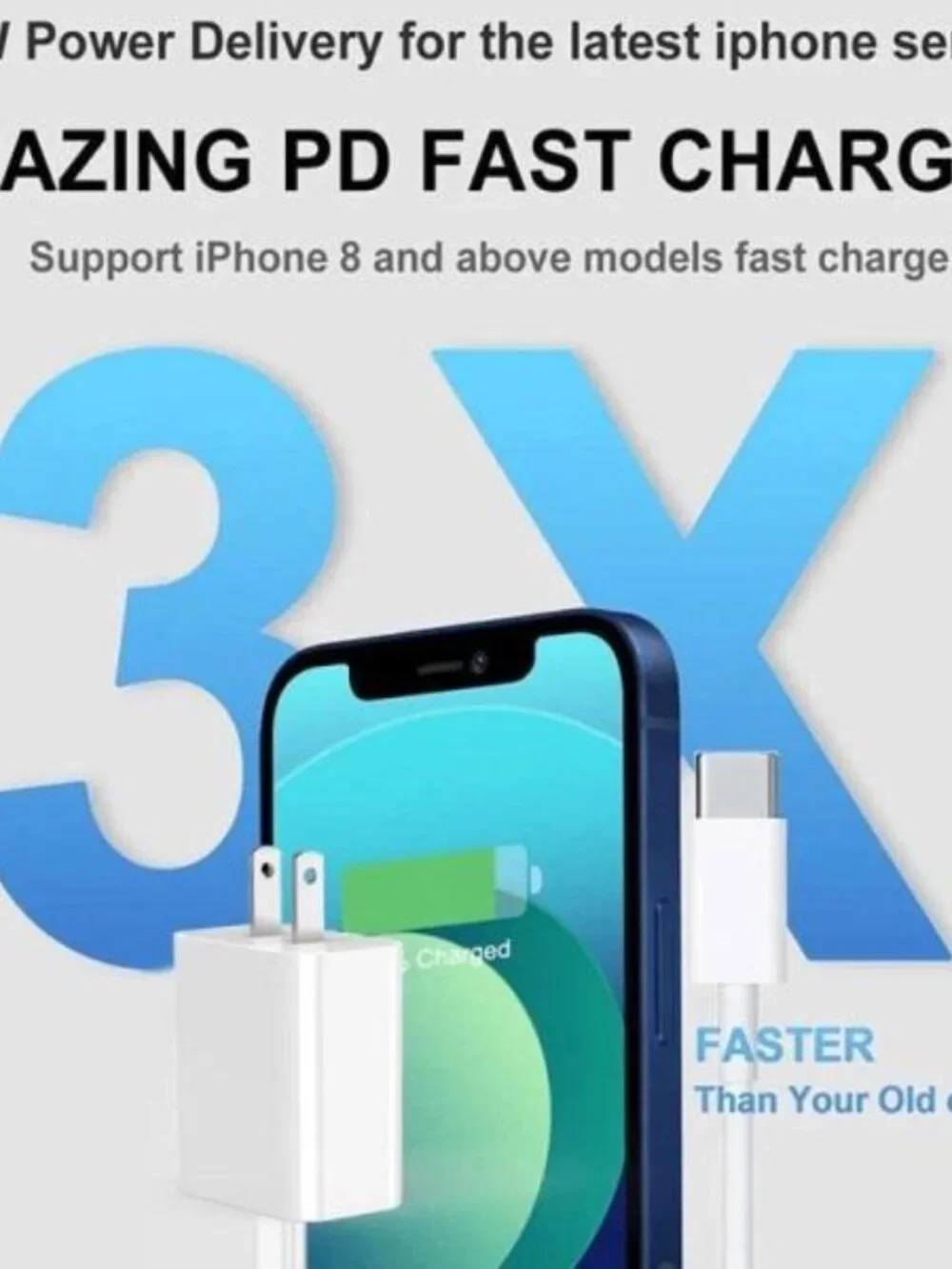 20W USB-C Fast Charger PD Wall Adapter + 3ft Cable for iPhone Samsung